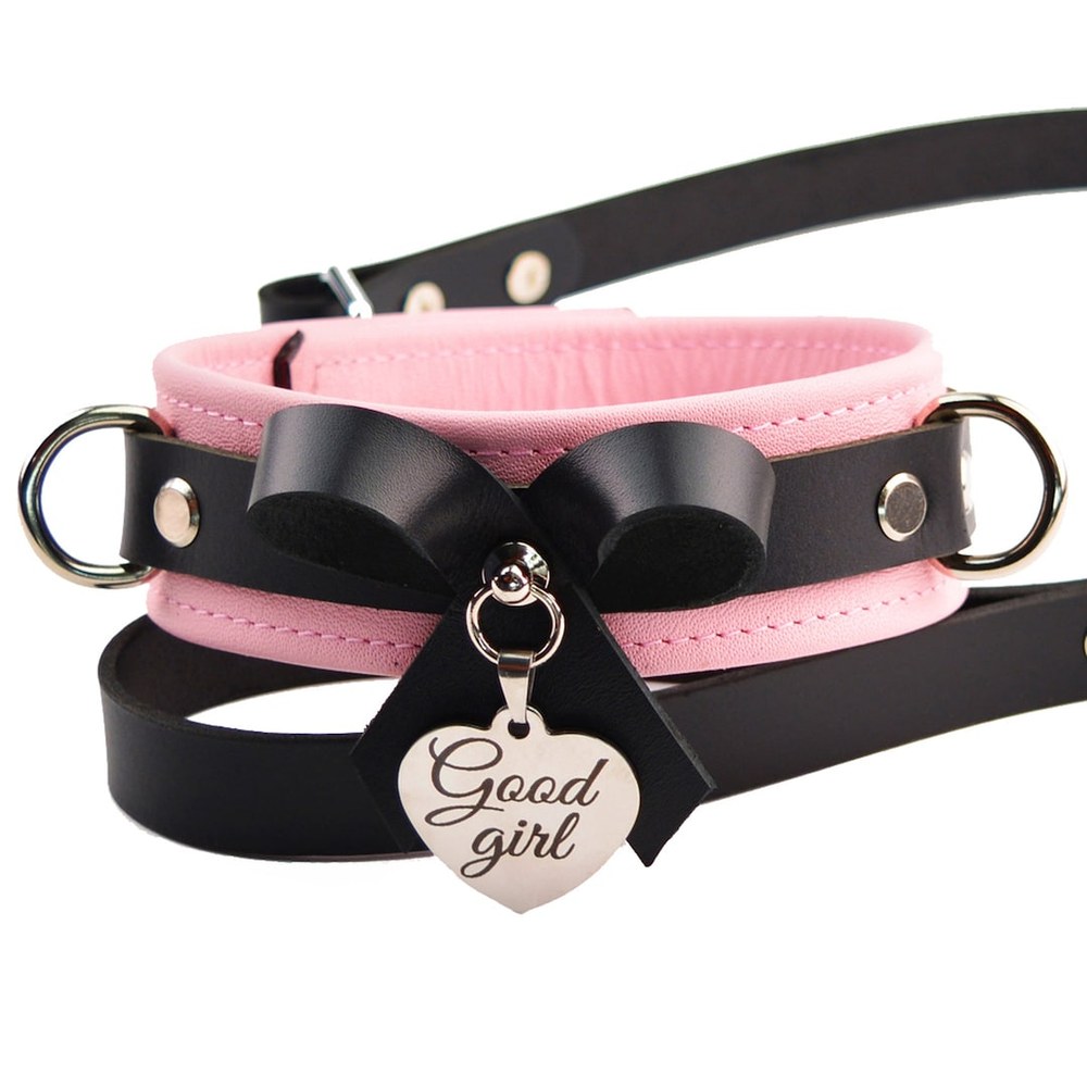 Collier et laisse BDSM en cuir rose avec pendentif, idéal pour débuter