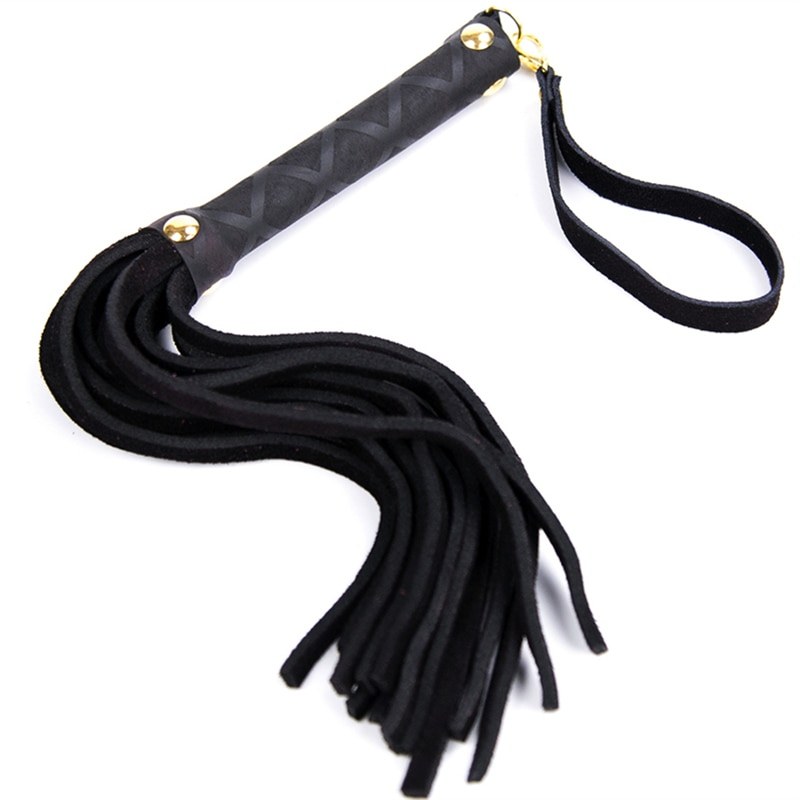 Black and red BDSM leather flogger, Dorcel style