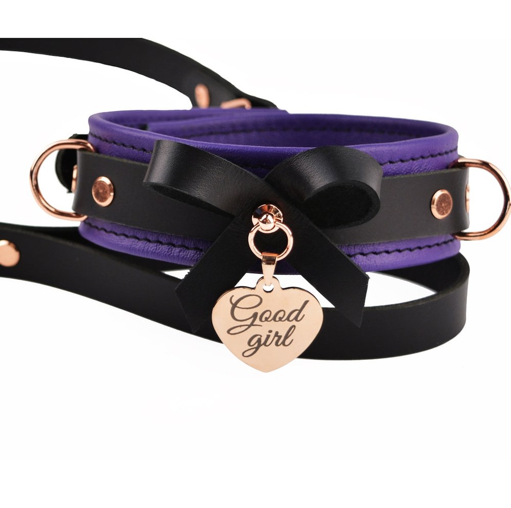 Lovehoney BDSM leash and collar Purple leather BDSM collar and leash with heart pendant, accessible Lovehoney range